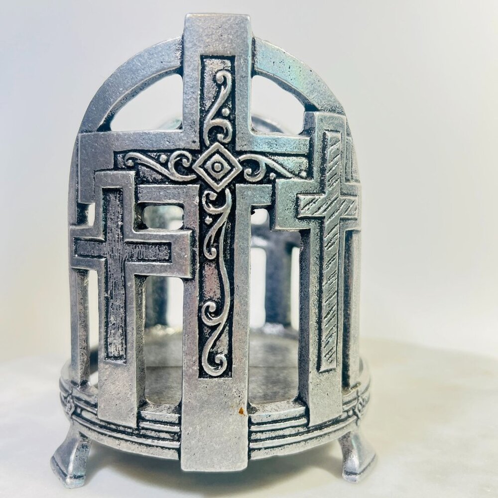 Vtg 2001 Pewter‎ 3 Cross Candle Holder Carson Indiana Candle up to 4" Diameter